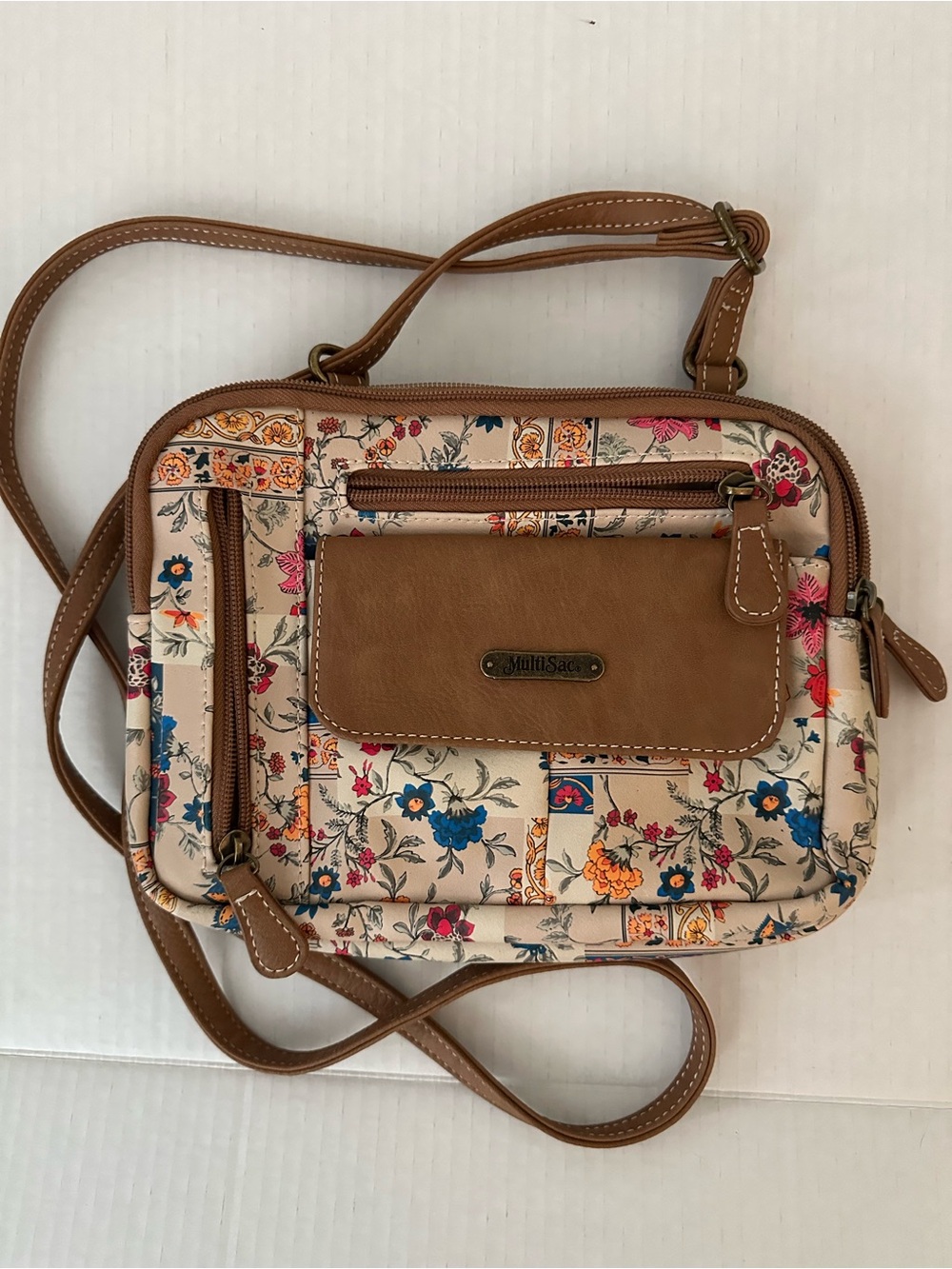 MultiSac Floral Crossbody Bag Brown Multi Pocket Organizer Adjustable Strap